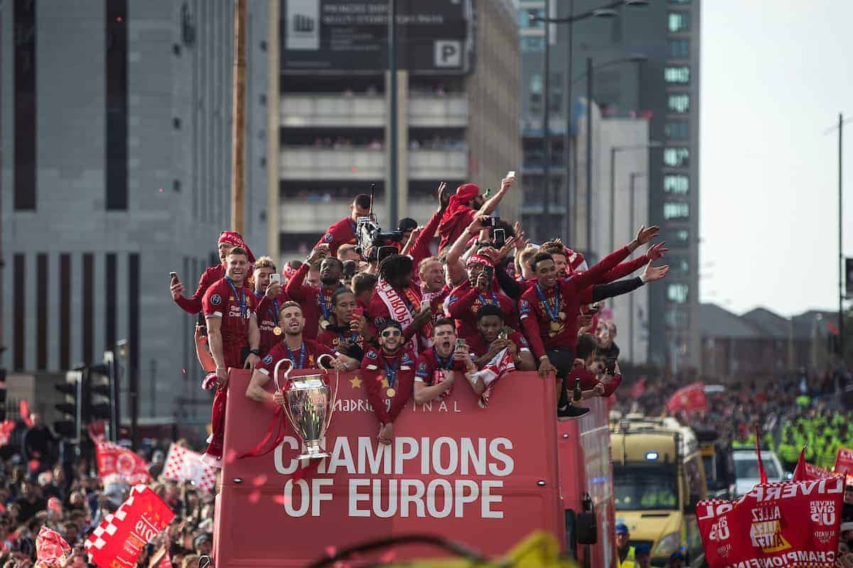 LIVERPOOL, ENGLAND - Sunday, June 2, 2019: Liverpool’s captain Jordan Henderson holds the Champions League Trophy during an open-top bus parade through the city after winning the UEFA Champions League Final. Liverpool beat Tottenham Hotspur. 2-0 in Madrid. To claim their sixth European Cup. (Pic by Paul Greenwood/Propaganda)