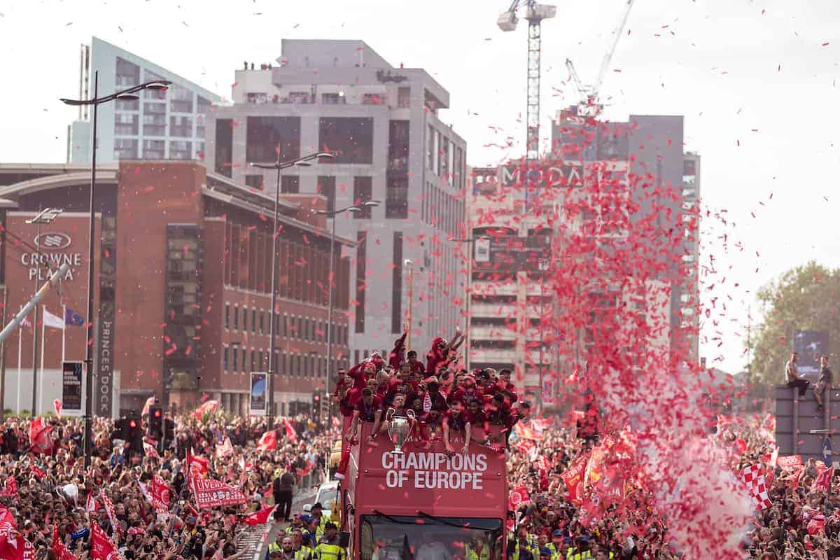 LIVERPOOL, ENGLAND - Sunday, June 2, 2019: Liverpool’s captain Jordan Henderson holds the Champions League Trophy during an open-top bus parade through the city after winning the UEFA Champions League Final. Liverpool beat Tottenham Hotspur. 2-0 in Madrid. To claim their sixth European Cup. (Pic by Paul Greenwood/Propaganda)