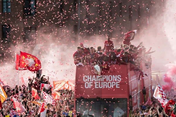 LIVERPOOL, ENGLAND - Sunday, June 2, 2019: Liverpool’s captain Jordan Henderson holds the Champions League Trophy during an open-top bus parade through the city after winning the UEFA Champions League Final. Liverpool beat Tottenham Hotspur. 2-0 in Madrid. To claim their sixth European Cup. (Pic by Paul Greenwood/Propaganda)