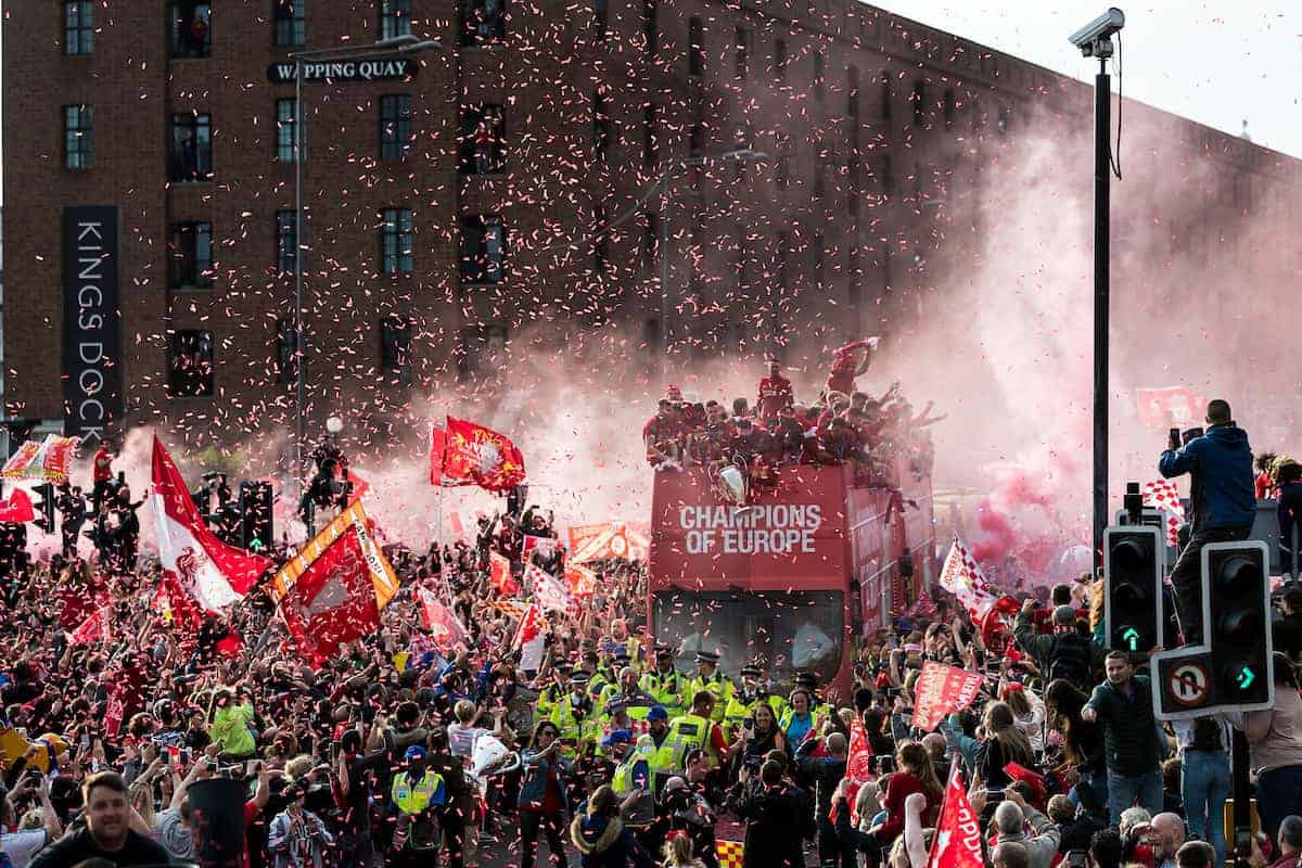 LIVERPOOL, ENGLAND - Sunday, June 2, 2019: Liverpool’s captain Jordan Henderson holds the Champions League Trophy during an open-top bus parade through the city after winning the UEFA Champions League Final. Liverpool beat Tottenham Hotspur. 2-0 in Madrid. To claim their sixth European Cup. (Pic by Paul Greenwood/Propaganda)