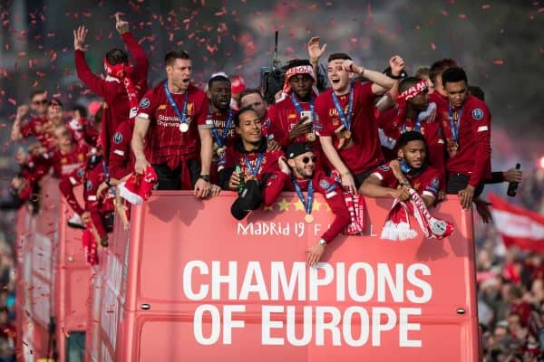 LIVERPOOL,  ENGLAND - Sunday, June 2, 2019: Liverpool’s James Milner, Georginio Wijnaldum, Virgil van Dijk, Adam Lallana, Andy Robertson, Divock Origi, Joe Gomez, Trent Alexander-Arnold during an open-top bus parade through the city after winning the UEFA Champions League Final. Liverpool beat Tottenham Hotspur. 2-0 in Madrid. To claim their sixth European Cup. (Pic by Paul Greenwood/Propaganda)