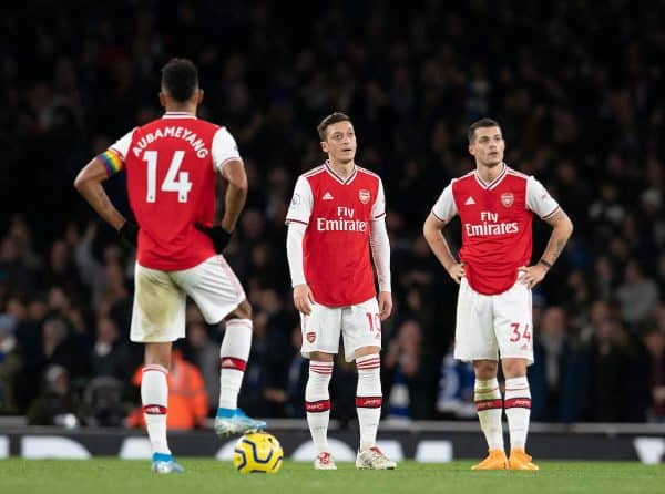 LONDON, ENGLAND - Thursday, December 5, 2019: Arsenal's Mesut Özil and Granit Xhaka (R) looks dejected as Brighton & Hove Albion score a winning second goal during the FA Premier League match between Arsenal FC and Brighton & Hove Albion FC at the Emirates Stadium. Arsenal lost 2-1. (Pic by Vegard Grott/Propaganda)