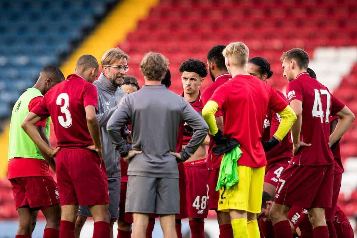 BLACKBURN, ENGLAND - Thursday, July 19, 2018: Liverpool's manager Jürgen Klopp speaks to second half substitutes at half half time during a preseason friendly match between Blackburn Rovers FC and Liverpool FC at Ewood Park. (Pic by Paul Greenwood/Propaganda)