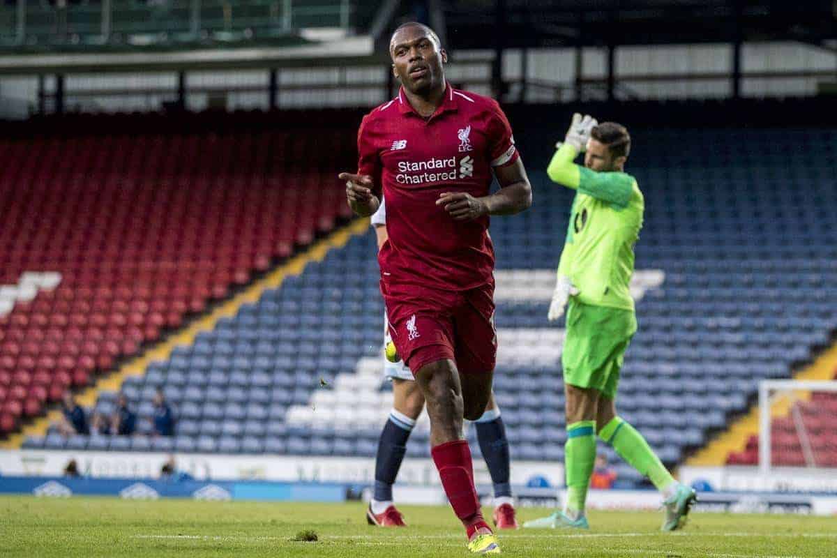 BLACKBURN, ENGLAND - Thursday, July 19, 2018: Liverpool's Daniel Sturridge celebrates scoring the second goal during a preseason friendly match between Blackburn Rovers FC and Liverpool FC at Ewood Park. (Pic by Paul Greenwood/Propaganda)