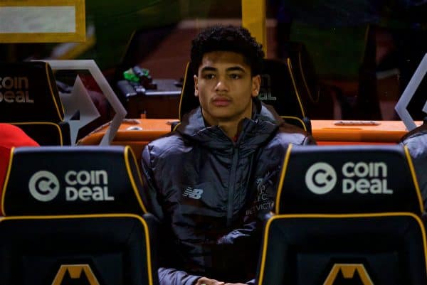 WOLVERHAMPTON, ENGLAND - Monday, January 7, 2019: Liverpool's substitute Ki-Jana Hoever on the bench before the FA Cup 3rd Round match between Wolverhampton Wanderers FC and Liverpool FC at Molineux Stadium. (Pic by David Rawcliffe/Propaganda)