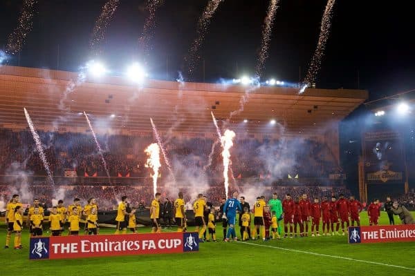 WOLVERHAMPTON, ENGLAND - Monday, January 7, 2019: Fireworks are set off as Wolverhampton Wanderers and Liverpool players shake hands before the FA Cup 3rd Round match between Wolverhampton Wanderers FC and Liverpool FC at Molineux Stadium. (Pic by David Rawcliffe/Propaganda)