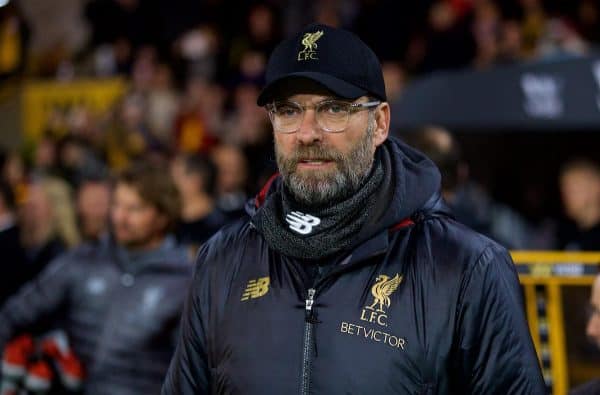 WOLVERHAMPTON, ENGLAND - Monday, January 7, 2019: Liverpool's manager Jürgen Klopp before the FA Cup 3rd Round match between Wolverhampton Wanderers FC and Liverpool FC at Molineux Stadium. (Pic by David Rawcliffe/Propaganda)