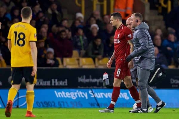 WOLVERHAMPTON, ENGLAND - Monday, January 7, 2019: Liverpool's Dejan Lovren goes off injured during the FA Cup 3rd Round match between Wolverhampton Wanderers FC and Liverpool FC at Molineux Stadium. (Pic by David Rawcliffe/Propaganda)