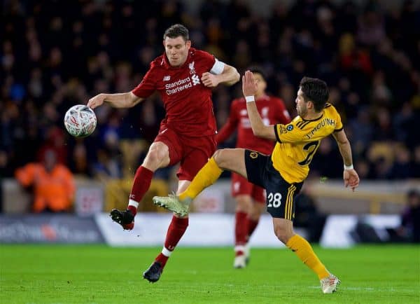 WOLVERHAMPTON, ENGLAND - Monday, January 7, 2019: Liverpool's captain James Milner (L) and Wolverhampton Wanderers' João Moutinho during the FA Cup 3rd Round match between Wolverhampton Wanderers FC and Liverpool FC at Molineux Stadium. (Pic by David Rawcliffe/Propaganda)