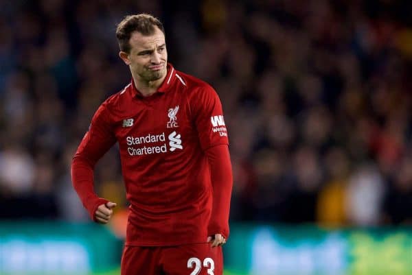 WOLVERHAMPTON, ENGLAND - Monday, January 7, 2019: Liverpool's Sheridan Shaqiri looks dejected after his free-kick is saved during the FA Cup 3rd Round match between Wolverhampton Wanderers FC and Liverpool FC at Molineux Stadium. (Pic by David Rawcliffe/Propaganda)