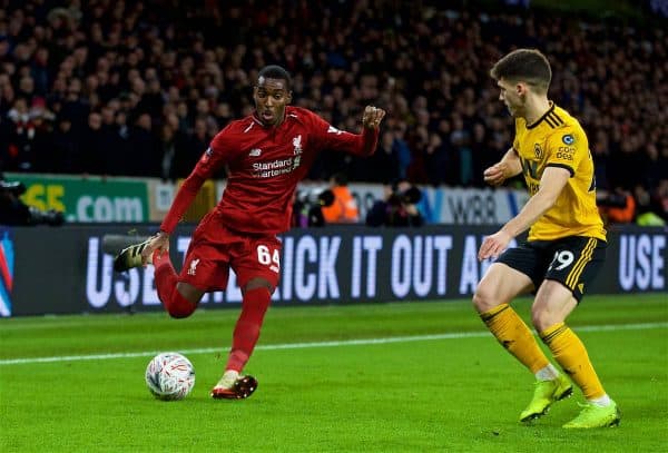 WOLVERHAMPTON, ENGLAND - Monday, January 7, 2019: Liverpool's Rafael Camacho takes on Wolverhampton Wanderers' Rúben Vinagre during the FA Cup 3rd Round match between Wolverhampton Wanderers FC and Liverpool FC at Molineux Stadium. (Pic by David Rawcliffe/Propaganda)