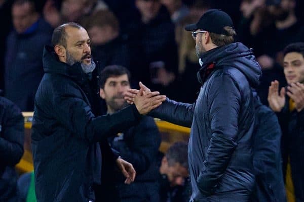 WOLVERHAMPTON, ENGLAND - Monday, January 7, 2019: Liverpool's manager Jürgen Klopp (R) shakes hands with Wolverhampton Wanderers' head coach Nuno Espírito Santo after the FA Cup 3rd Round match between Wolverhampton Wanderers FC and Liverpool FC at Molineux Stadium. Wolverhampton Wanderers won 2-1. (Pic by David Rawcliffe/Propaganda)