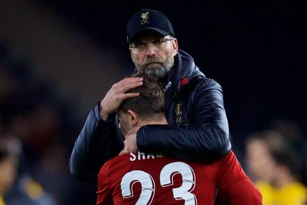 WOLVERHAMPTON, ENGLAND - Monday, January 7, 2019: Liverpool's manager J¸rgen Klopp embraces Sheridan Shaqiri after the FA Cup 3rd Round match between Wolverhampton Wanderers FC and Liverpool FC at Molineux Stadium. Wolverhampton Wanderers won 2-1. (Pic by David Rawcliffe/Propaganda)