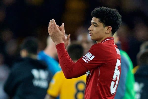 WOLVERHAMPTON, ENGLAND - Monday, January 7, 2019: Liverpool's Ki-Jana Hoever applauds the supporters after the FA Cup 3rd Round match between Wolverhampton Wanderers FC and Liverpool FC at Molineux Stadium. Wolverhampton Wanderers won 2-1. (Pic by David Rawcliffe/Propaganda)