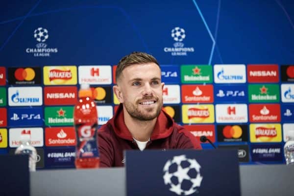 LIVERPOOL, ENGLAND - Monday, February 18, 2019: Liverpool's captain Jordan Henderson during a press conference at Anfield ahead of the UEFA Champions League Round of 16 1st Leg match between Liverpool FC and FC Bayern München. (Pic by Paul Greenwood/Propaganda)