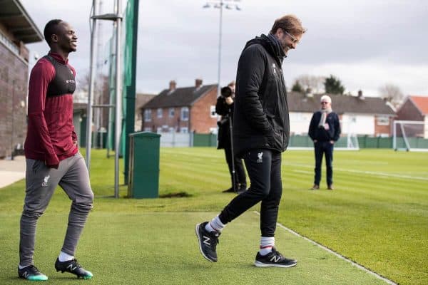 LIVERPOOL, ENGLAND - Monday, February 18, 2019: Liverpool's manager Jürgen Klopp and Sadio Mané of Liverpool during a training session at Melwood ahead of the UEFA Champions League Round of 16 1st Leg match between Liverpool FC and FC Bayern München. (Pic by Paul Greenwood/Propaganda)