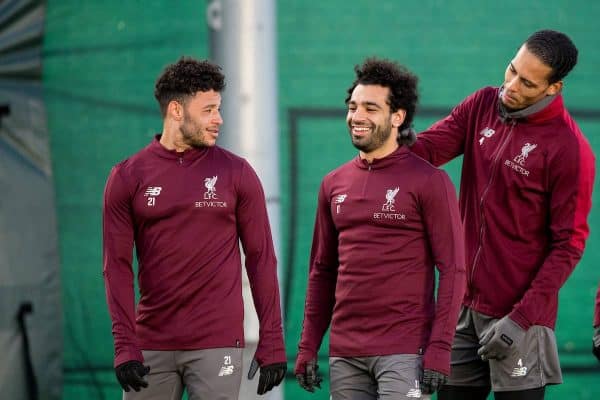 LIVERPOOL, ENGLAND - Monday, February 18, 2019: Liverpool's Alex Oxlade-Chamberlain, Mohamed Salah and Virgil van Dijk during a training session at Melwood ahead of the UEFA Champions League Round of 16 1st Leg match between Liverpool FC and FC Bayern München. (Pic by Paul Greenwood/Propaganda)