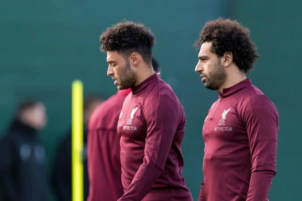 LIVERPOOL, ENGLAND - Monday, February 18, 2019: Liverpool's Alex Oxlade-Chamberlain and Mohamed Salah during a training session at Melwood ahead of the UEFA Champions League Round of 16 1st Leg match between Liverpool FC and FC Bayern München. (Pic by Paul Greenwood/Propaganda)