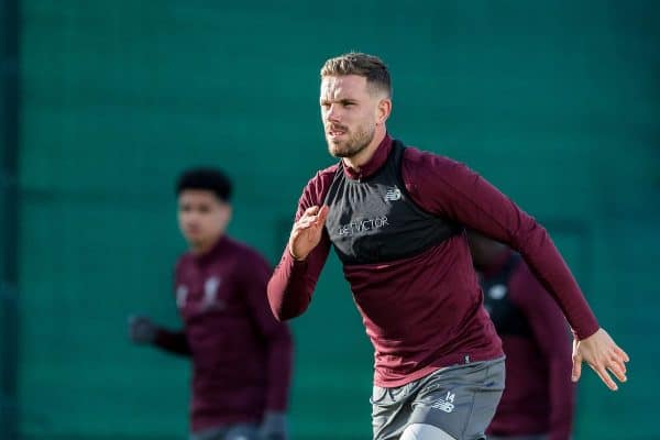 LIVERPOOL, ENGLAND - Monday, February 18, 2019: Liverpool's captain Jordan Henderson during a training session at Melwood ahead of the UEFA Champions League Round of 16 1st Leg match between Liverpool FC and FC Bayern München. (Pic by Paul Greenwood/Propaganda)