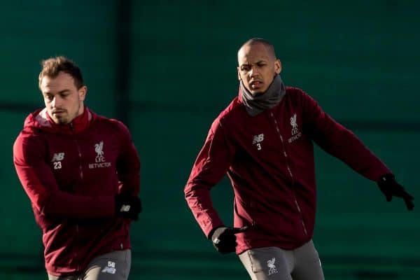 LIVERPOOL, ENGLAND - Monday, February 18, 2019: Liverpool's Alberto Moreno and Fabio Henrique Tavares 'Fabinho' during a training session at Melwood ahead of the UEFA Champions League Round of 16 1st Leg match between Liverpool FC and FC Bayern München. (Pic by Paul Greenwood/Propaganda)