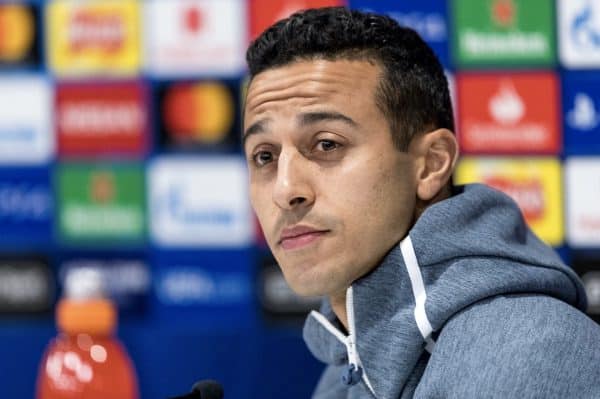 LIVERPOOL, ENGLAND - Monday, February 18, 2019: FC Bayern München's Thiago Alcántara during a press conference at Anfield ahead of the UEFA Champions League Round of 16 1st Leg match between Liverpool FC and FC Bayern München. (Pic by Paul Greenwood/Propaganda)