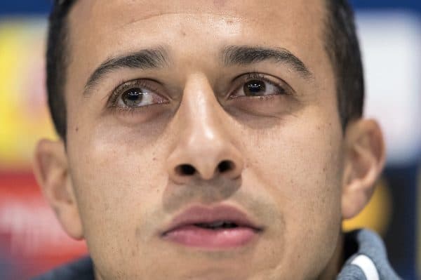 LIVERPOOL, ENGLAND - Monday, February 18, 2019: FC Bayern München's Thiago Alcántara during a press conference at Anfield ahead of the UEFA Champions League Round of 16 1st Leg match between Liverpool FC and FC Bayern München. (Pic by Paul Greenwood/Propaganda)