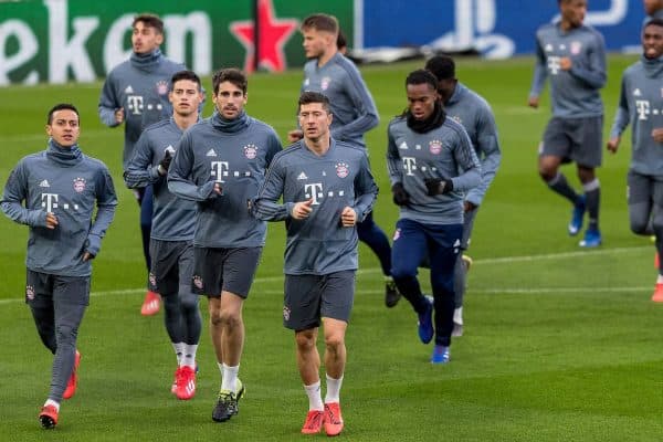 LIVERPOOL, ENGLAND - Monday, February 18, 2019: FC Bayern München's Thiago Alcántara and Robert Lewandowski during a training session at Anfield ahead of the UEFA Champions League Round of 16 1st Leg match between Liverpool FC and FC Bayern München. (Pic by Paul Greenwood/Propaganda)