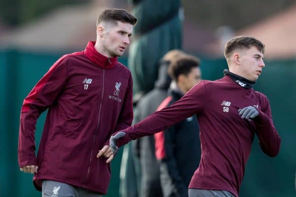 LIVERPOOL, ENGLAND - Monday, February 18, 2019: Liverpool's Corey Whelan and Ben Woodburn during a training session at Melwood ahead of the UEFA Champions League Round of 16 1st Leg match between Liverpool FC and FC Bayern München. (Pic by Paul Greenwood/Propaganda)