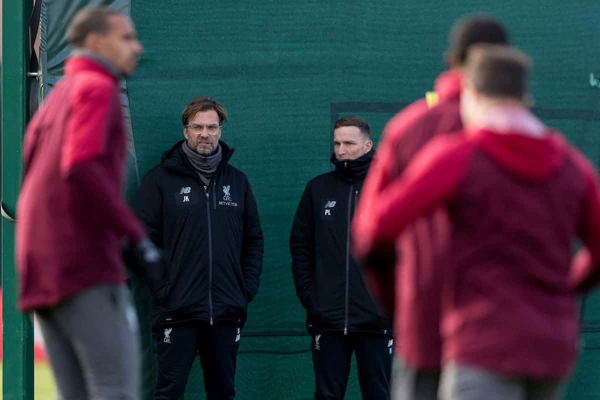 LIVERPOOL, ENGLAND - Monday, February 18, 2019: Liverpool's manager Jürgen Klopp and Pepijn Lijnders during a training session at Melwood ahead of the UEFA Champions League Round of 16 1st Leg match between Liverpool FC and FC Bayern München. (Pic by Paul Greenwood/Propaganda)