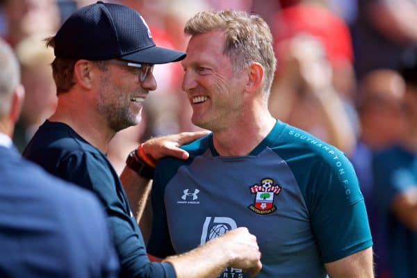 LIVERPOOL, ENGLAND - Saturday, August 17, 2019: Liverpool's manager Jürgen Klopp and Ralph Hassenhutl before the FA Premier League match between Southampton FC and Liverpool FC at St. Mary's Stadium. (Pic by David Rawcliffe/Propaganda)