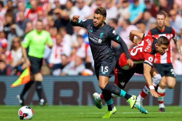 LIVERPOOL, ENGLAND - Saturday, August 17, 2019: Liverpool's Alex Oxlade-Chamberlain (L) and Southampton's Jan Bednarek (R) during the FA Premier League match between Southampton FC and Liverpool FC at St. Mary's Stadium. (Pic by David Rawcliffe/Propaganda)