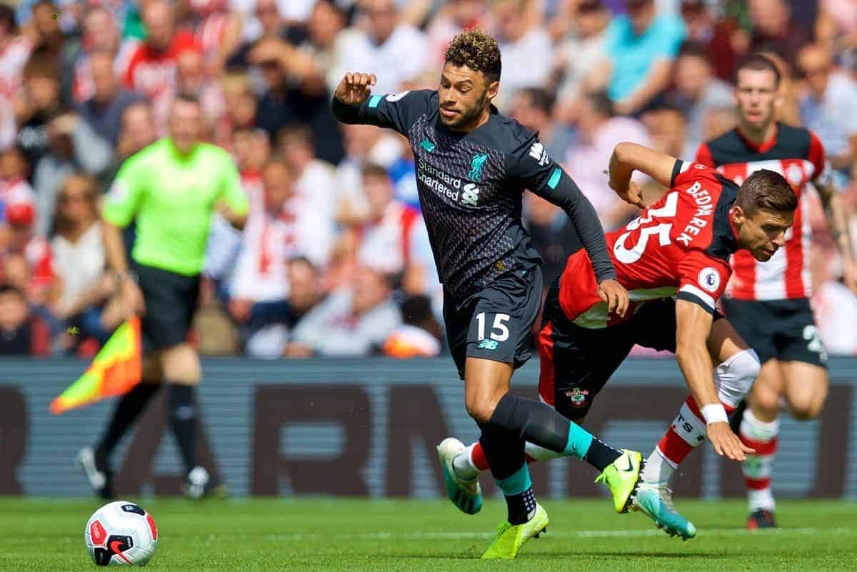 LIVERPOOL, ENGLAND - Saturday, August 17, 2019: Liverpool's Alex Oxlade-Chamberlain (L) and Southampton's Jan Bednarek (R) during the FA Premier League match between Southampton FC and Liverpool FC at St. Mary's Stadium. (Pic by David Rawcliffe/Propaganda)