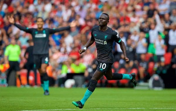 LIVERPOOL, ENGLAND - Saturday, August 17, 2019: Liverpool's Sadio Mane celebrates scoring the first goal during the FA Premier League match between Southampton FC and Liverpool FC at St. Mary's Stadium. (Pic by David Rawcliffe/Propaganda)