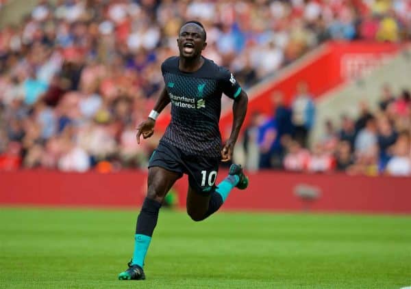 LIVERPOOL, ENGLAND - Saturday, August 17, 2019: Liverpool's Sadio Mane celebrates scoring the first goal during the FA Premier League match between Southampton FC and Liverpool FC at St. Mary's Stadium. (Pic by David Rawcliffe/Propaganda)