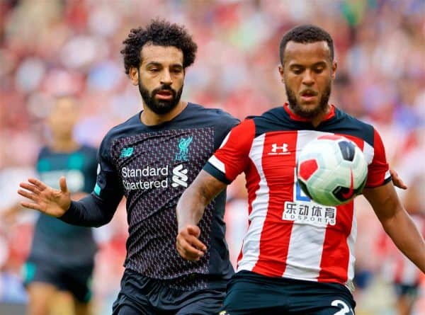 LIVERPOOL, ENGLAND - Saturday, August 17, 2019: Liverpool's Mohamed Salah (L) and Southampton's Ryan Bertrand during the FA Premier League match between Southampton FC and Liverpool FC at St. Mary's Stadium. (Pic by David Rawcliffe/Propaganda)