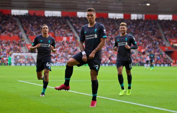 LIVERPOOL, ENGLAND - Saturday, August 17, 2019: Liverpool's Roberto Firmino celebrates scoring the second goal during the FA Premier League match between Southampton FC and Liverpool FC at St. Mary's Stadium. (Pic by David Rawcliffe/Propaganda)