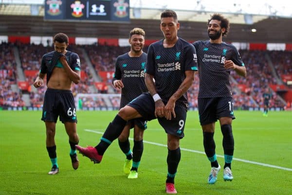 LIVERPOOL, ENGLAND - Saturday, August 17, 2019: Liverpool's Roberto Firmino (C) celebrates scoring the second goal with team-mates Alex Oxlade-Chamberlain (L) and Mohamed Salah (R) during the FA Premier League match between Southampton FC and Liverpool FC at St. Mary's Stadium. (Pic by David Rawcliffe/Propaganda)