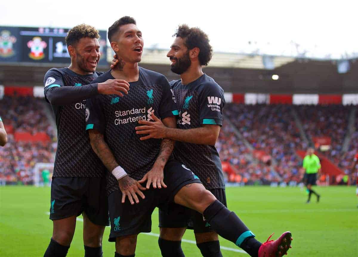 LIVERPOOL, ENGLAND - Saturday, August 17, 2019: Liverpool's Roberto Firmino (C) celebrates scoring the second goal with team-mates Alex Oxlade-Chamberlain (L) and Mohamed Salah (R) during the FA Premier League match between Southampton FC and Liverpool FC at St. Mary's Stadium. (Pic by David Rawcliffe/Propaganda)