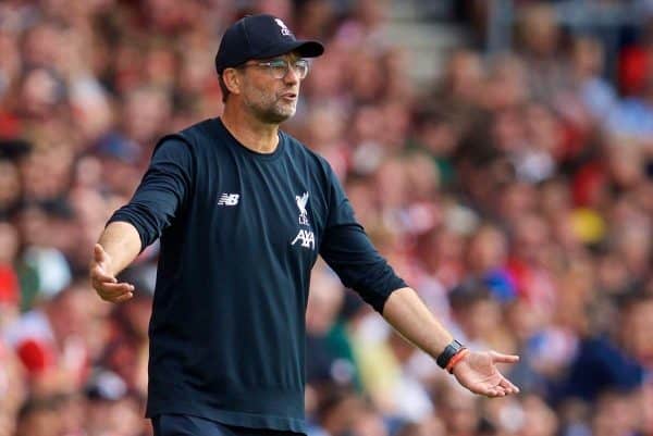 LIVERPOOL, ENGLAND - Saturday, August 17, 2019: Liverpool's manager Jürgen Klopp reacts during the FA Premier League match between Southampton FC and Liverpool FC at St. Mary's Stadium. (Pic by David Rawcliffe/Propaganda)