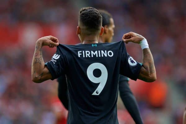 LIVERPOOL, ENGLAND - Saturday, August 17, 2019: Liverpool's Roberto Firmino celebrates scoring the second goal during the FA Premier League match between Southampton FC and Liverpool FC at St. Mary's Stadium. (Pic by David Rawcliffe/Propaganda)