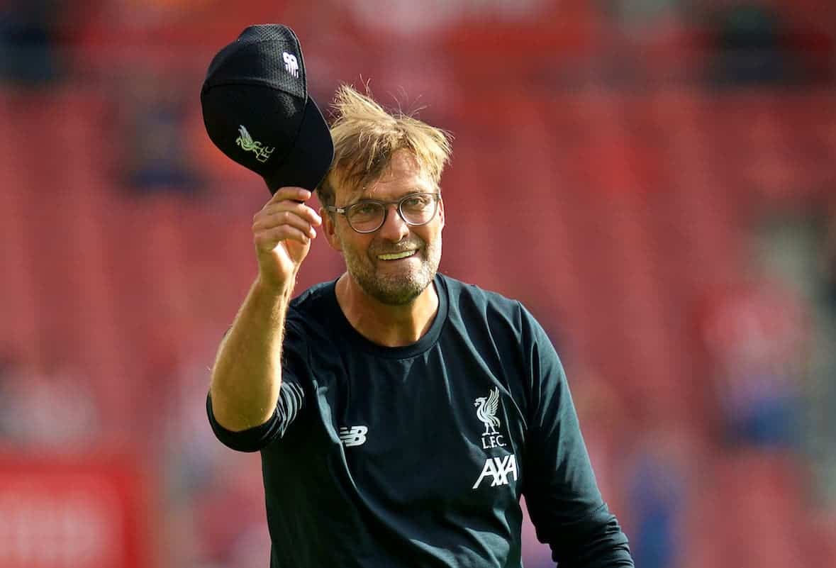 LIVERPOOL, ENGLAND - Saturday, August 17, 2019: Liverpool's manager Jürgen Klopp celebrates at the final whistle after the FA Premier League match between Southampton FC and Liverpool FC at St. Mary's Stadium. Liverpool won 2-1. (Pic by David Rawcliffe/Propaganda)