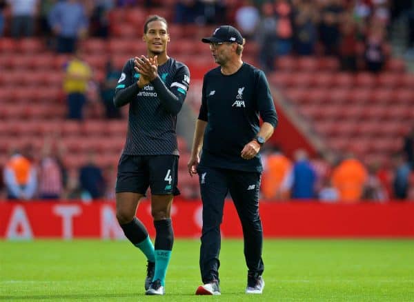 LIVERPOOL, ENGLAND - Saturday, August 17, 2019: Liverpool's manager Jürgen Klopp (R) celebrates at the final whistle with Virgil van Dijk after the FA Premier League match between Southampton FC and Liverpool FC at St. Mary's Stadium. Liverpool won 2-1. (Pic by David Rawcliffe/Propaganda)