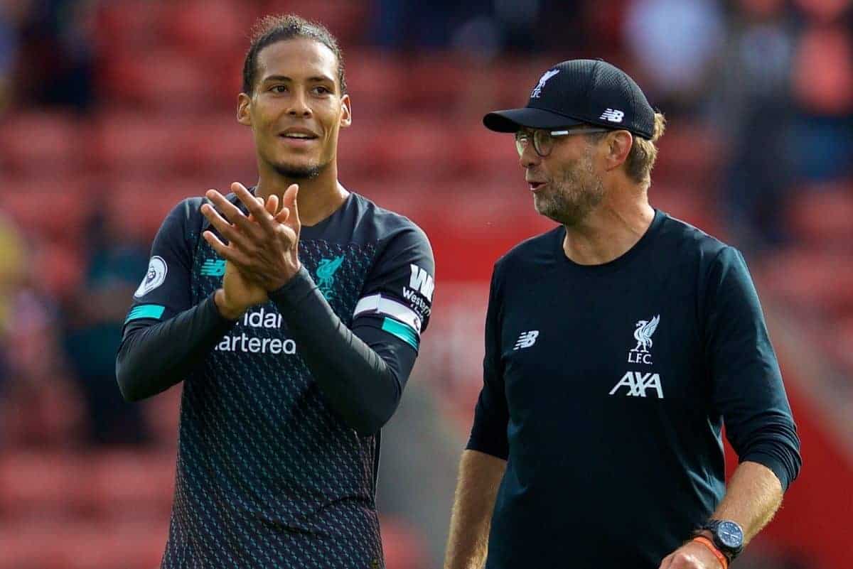 LIVERPOOL, ENGLAND - Saturday, August 17, 2019: Liverpool's manager Jürgen Klopp (R) celebrates at the final whistle with Virgil van Dijk after the FA Premier League match between Southampton FC and Liverpool FC at St. Mary's Stadium. Liverpool won 2-1. (Pic by David Rawcliffe/Propaganda)