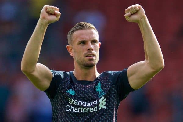 LIVERPOOL, ENGLAND - Saturday, August 17, 2019: Liverpool's captain Jordan Henderson celebrates at the final whistle after the FA Premier League match between Southampton FC and Liverpool FC at St. Mary's Stadium. Liverpool won 2-1. (Pic by David Rawcliffe/Propaganda)