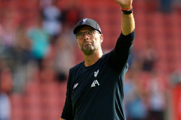 LIVERPOOL, ENGLAND - Saturday, August 17, 2019: Liverpool's manager Jürgen Klopp takes waves to the supporters as he celebrates after the FA Premier League match between Southampton FC and Liverpool FC at St. Mary's Stadium. Liverpool won 2-1. (Pic by David Rawcliffe/Propaganda)