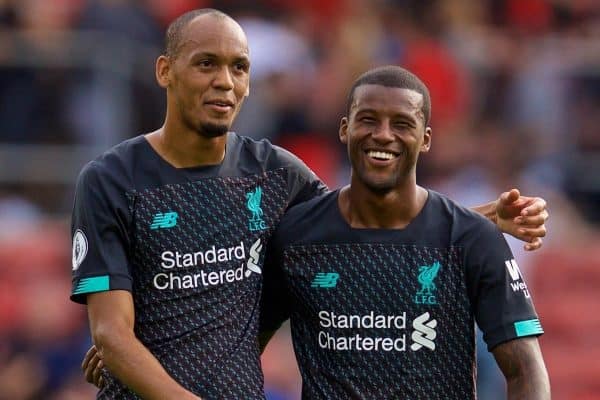 LIVERPOOL, ENGLAND - Saturday, August 17, 2019: Liverpool's Fabio Henrique Tavares 'Fabinho' (L) and Georginio Wijnaldum after the FA Premier League match between Southampton FC and Liverpool FC at St. Mary's Stadium. Liverpool won 2-1. (Pic by David Rawcliffe/Propaganda)