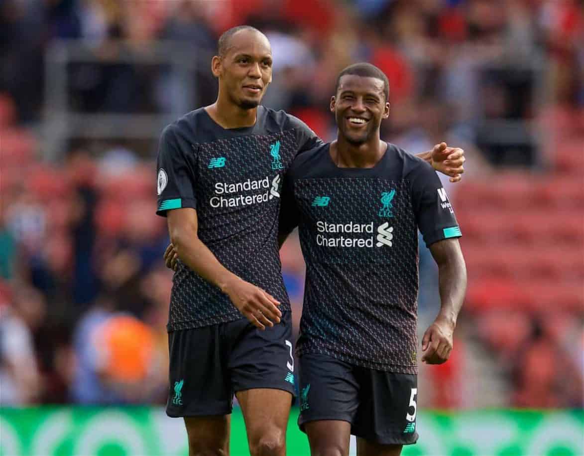 LIVERPOOL, ENGLAND - Saturday, August 17, 2019: Liverpool's Fabio Henrique Tavares 'Fabinho' (L) and Georginio Wijnaldum after the FA Premier League match between Southampton FC and Liverpool FC at St. Mary's Stadium. Liverpool won 2-1. (Pic by David Rawcliffe/Propaganda)