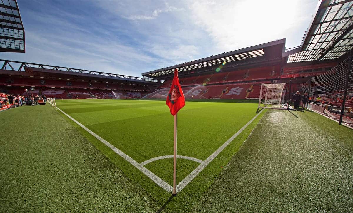 LIVERPOOL, ENGLAND - Saturday, September 14, 2019: A Liverpool crest on a corner flag pictured before the FA Premier League match between Liverpool FC and Newcastle United FC at Anfield. (Pic by David Rawcliffe/Propaganda)