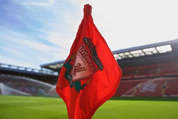 LIVERPOOL, ENGLAND - Saturday, September 14, 2019: A Liverpool crest on a corner flag pictured before the FA Premier League match between Liverpool FC and Newcastle United FC at Anfield. (Pic by David Rawcliffe/Propaganda)