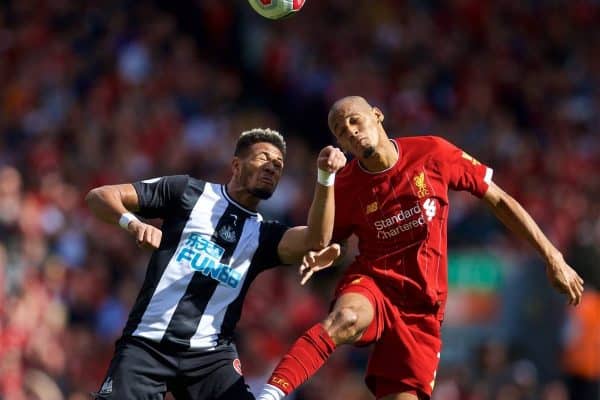 LIVERPOOL, ENGLAND - Saturday, September 14, 2019:Newcastle United's Salomón Rondón (R) challenges Liverpool's Fabio Henrique Tavares 'Fabinho' during the FA Premier League match between Liverpool FC and Newcastle United FC at Anfield. (Pic by David Rawcliffe/Propaganda)